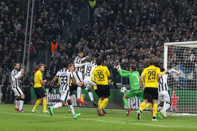 Feb. 24, 2015 - Turin, Italy - Borussia Dortmund goalkeeper Roman Weidenfeller (1) dives for the ball shooter by Juventus forward Alvaro Morata (9) during the Uefa Champions League Round of 16 football match JUVENTUS - BORUSSIA DORTMUND on 24 02 15 at the Juventus Stadium in Turin, Italy. Copyright 2015 Ã‚Â© Matteo Bottanelli Championsleague, Juventus v Borussia  - ZUMAn230