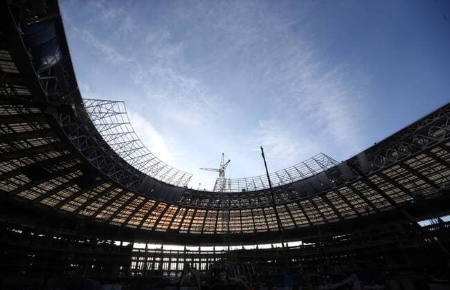 MOSCOW, RUSSIA. FEBRUARY 25, 2015. Work in progress to build a bigger roof for the Luzhniki Stadium. The stadium will be hosting 2018 FIFA World Cup WM Weltmeisterschaft Fussball football matches. Artyom Korotayev TASS  RE15CC39
