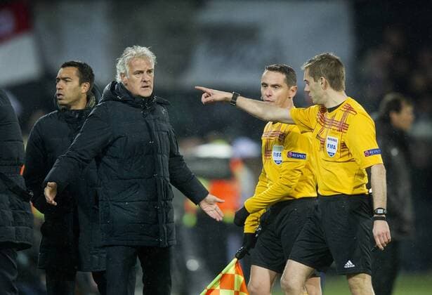 Fred Rutten of Feyenoord, Referee Clement Turpin (R) during the round of 32 UEFA Europa League match between Feyenoord and AS Roma on February 26, 2015 at the Kuip stadium in Rotterdam, The Netherlands. Feyenoord v AS Roma Europa League round of 32 2014 2015 xVIxxIVx 3587632