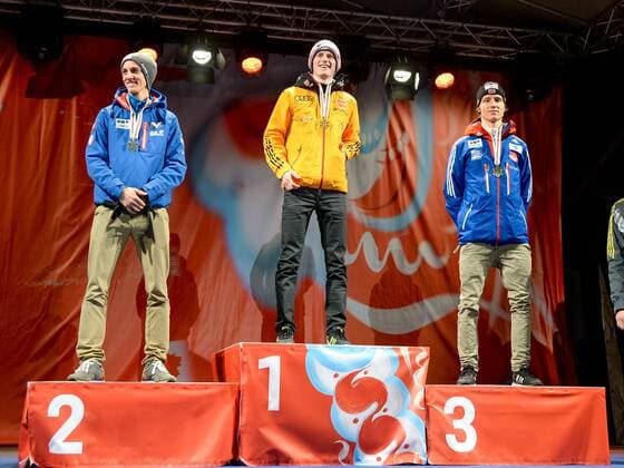NORDIC SKIING - FIS Nordic WC Falun 2015 FALUN,SWEDEN,27.FEB.15 - NORDIC SKIING, Ski jumping Skispringen Ski nordisch - FIS Nordic World Ski Championships, large hill, men, award ceremony. Image shows Gregor Schlierenzauer (AUT), Severin Freund (GER) and Rune Velta (NOR).