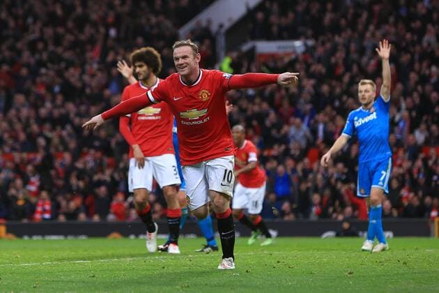 Wayne Rooney of Manchester United ManU celebrates his second goal - Manchester United (ManU) vs. AFC Sunderland - Barclay s Premier League - Old Trafford - Manchester - 28 02 2015 - EDITORIAL USE ONLY. No use with unauthorised audio, video, data, fixture lists, club league logos or live services. Online in-match use limited to 120 images, no video emulation. No use in betting, games or single club league player publications.