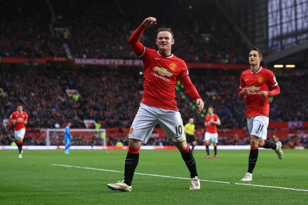 Wayne Rooney of Manchester United ManU celebrates his second goal - Manchester United (ManU) vs. AFC Sunderland - Barclay s Premier League - Old Trafford - Manchester - 28 02 2015 - EDITORIAL USE ONLY. No use with unauthorised audio, video, data, fixture lists, club league logos or live services. Online in-match use limited to 120 images, no video emulation. No use in betting, games or single club league player publications.