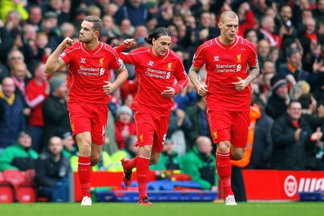01.03.2015. Liverpool, England. Barclays Premier League. Liverpool versus Manchester City. Liverpool midfielder Jordan Henderson celebrates scoring his teams first goal in the 11th minute xPaulxKeevilx  ActionPlus11601488