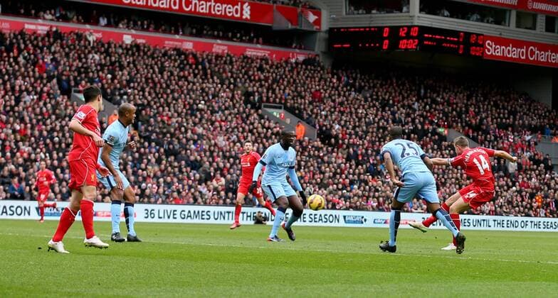 Jordan Henderson of Liverpool scores the first goal 1-0 - Barclays Premier League - Liverpool vs Manchester City - Anfield Stadium - Liverpool - England - 1st March 2015 - Picture Simon Bellis Sportimage EDITORIAL USE ONLY. No use with unauthorised audio, video, data, fixture lists, club league logos or live services. Online in-match use limited to 120 images, no video emulation. No use in betting, games or single club league player publications.