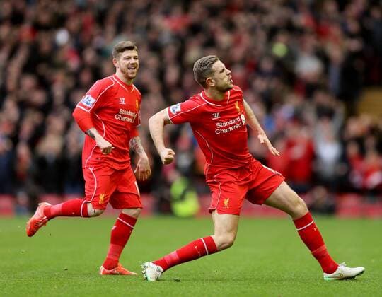 Jordan Henderson of Liverpool celebrates scoring the first goal - Barclays Premier League - Liverpool vs Manchester City - Anfield Stadium - Liverpool - England - 1st March 2015 - Picture Simon Bellis Sportimage EDITORIAL USE ONLY. No use with unauthorised audio, video, data, fixture lists, club league logos or live services. Online in-match use limited to 120 images, no video emulation. No use in betting, games or single club league player publications.