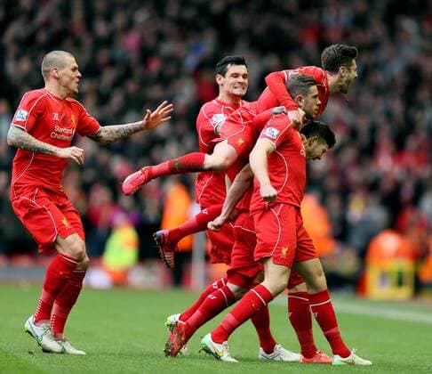 Jordan Henderson of Liverpool celebrates scoring the first goal - Barclays Premier League - Liverpool vs Manchester City - Anfield Stadium - Liverpool - England - 1st March 2015 - Picture Simon Bellis Sportimage EDITORIAL USE ONLY. No use with unauthorised audio, video, data, fixture lists, club league logos or live services. Online in-match use limited to 120 images, no video emulation. No use in betting, games or single club league player publications.