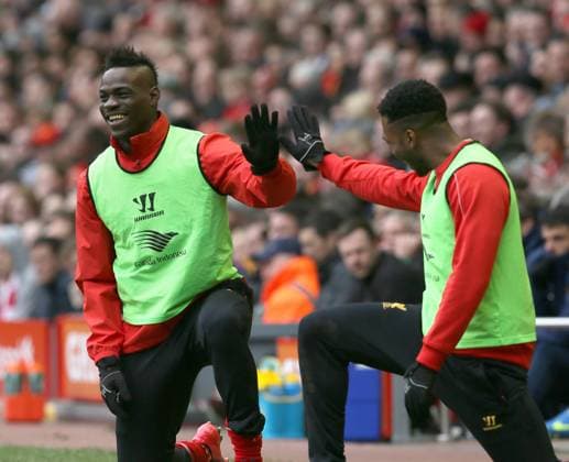 Mario Balotelli of Liverpool high fives with Daniel Sturridge of Liverpool as they warm up - Barclays Premier League - Liverpool vs Manchester City - Anfield Stadium - Liverpool - England - 1st March 2015 - Picture Simon Bellis Sportimage EDITORIAL USE ONLY. No use with unauthorised audio, video, data, fixture lists, club league logos or live services. Online in-match use limited to 120 images, no video emulation. No use in betting, games or single club league player publications.