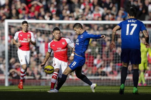 01.03.2015. London, England. Barclays Premier League. Arsenal versus Everton. Arsenal& x2019;s Alex Oxlade-Chamberlain tackled by Everton s Kevin Mirallas xCraigxMercerx  ActionPlus11601671
