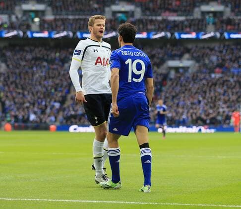 Chelsea s Diego Costa tussles with Tottenham s Eric Dier League Cup Final - Chelsea vs Tottenham Hotspur - Wembley Stadium - England - 1st March 2015 - Picture David Klein Sportimage EDITORIAL USE ONLY. No use with unauthorised audio, video, data, fixture lists, club league logos or live services. Online in-match use limited to 120 images, no video emulation. No use in betting, games or single club league player publications.