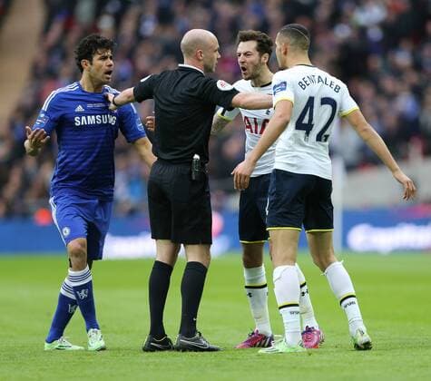 Chelsea s Diego Costa tussles with Tottenham s Nabil Bentaleb League Cup Final - Chelsea vs Tottenham Hotspur - Wembley Stadium - England - 1st March 2015 - Picture David Klein Sportimage EDITORIAL USE ONLY. No use with unauthorised audio, video, data, fixture lists, club league logos or live services. Online in-match use limited to 120 images, no video emulation. No use in betting, games or single club league player publications.