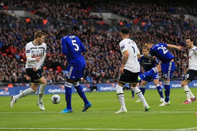Chelsea s John Terry scoring his sides opening goal League Cup Final - Chelsea vs Tottenham Hotspur - Wembley Stadium - England - 1st March 2015 - Picture David Klein Sportimage EDITORIAL USE ONLY. No use with unauthorised audio, video, data, fixture lists, club league logos or live services. Online in-match use limited to 120 images, no video emulation. No use in betting, games or single club league player publications.