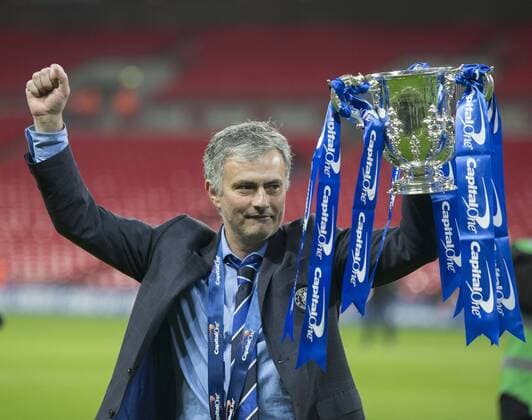 01.03.2015. London, England. Capital One Cup Final. Chelsea versus Tottenham Hotspur. Jose Mourinho, the Chelsea manager with the trophy after his sides victory. xNigelxCookex  ActionPlus11601868