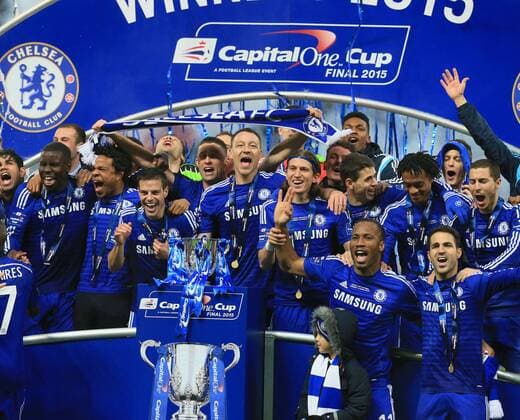 Chelsea s John Terry celebrates with the trophy League Cup Final - Chelsea vs Tottenham Hotspur - Wembley Stadium - England - 1st March 2015 - Picture David Klein Sportimage EDITORIAL USE ONLY. No use with unauthorised audio, video, data, fixture lists, club league logos or live services. Online in-match use limited to 120 images, no video emulation. No use in betting, games or single club league player publications.
