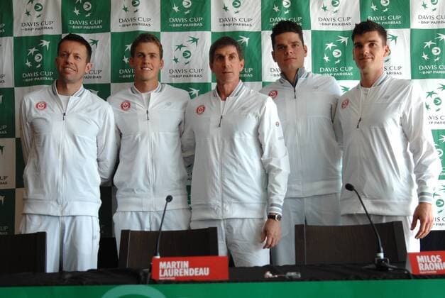 VANCOUVER, March 3, 2015 -- Canada s Daniel Nestor, Vasek Pospisil, coach Martin Laurendeau, Milos Raonic and Frank Dancevic (From L to R) pose for a photo during a press conference PK Pressekonferenz ahead of the 2015 Davis Cup quarter-final match against Japan in Vancouver, Canada, March 3, 2015. ) (SP)CANADA-VANCOUVER-DAVIS CUP-JAPAN SergeixBachlakov 