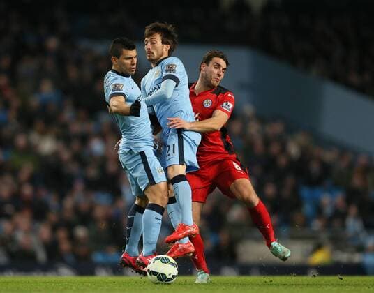 Sergio Kun Aguero of Manchester City and David Silva of Manchester City get in each others way - Barclays Premier League - Manchester City vs Leicester City - Etihad Stadium - Manchester - England - 4th March 2015 - Picture Simon Bellis Sportimage EDITORIAL USE ONLY. No use with unauthorised audio, video, data, fixture lists, club league logos or live services. Online in-match use limited to 120 images, no video emulation. No use in betting, games or single club league player publications.