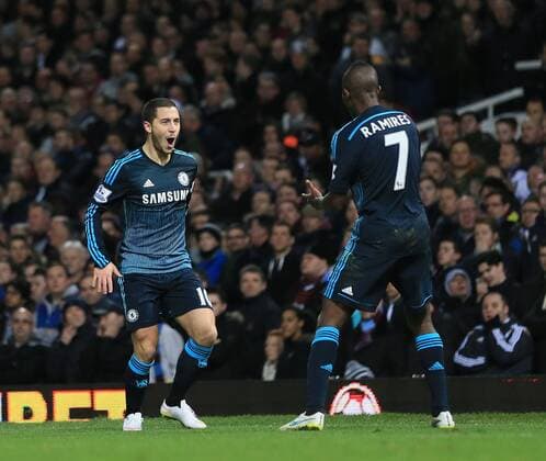 Chelsea s Eden Hazard celebrates scoring his sides opening goal Barclays Premier League - - West Ham United vs FC Chelsea United - Upton Park - England - 4th March 2015 - Picture DavidxKlein Sportimage EDITORIAL USE ONLY. No use with unauthorised audio, video, data, fixture lists, club league logos or live services. Online in-match use limited to 120 images, no video emulation. No use in betting, games or single club league player publications.
