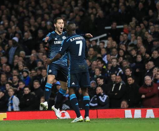 Chelsea s Eden Hazard celebrates scoring his sides opening goal Barclays Premier League - - West Ham United vs FC Chelsea United - Upton Park - England - 4th March 2015 - Picture DavidxKlein Sportimage EDITORIAL USE ONLY. No use with unauthorised audio, video, data, fixture lists, club league logos or live services. Online in-match use limited to 120 images, no video emulation. No use in betting, games or single club league player publications.