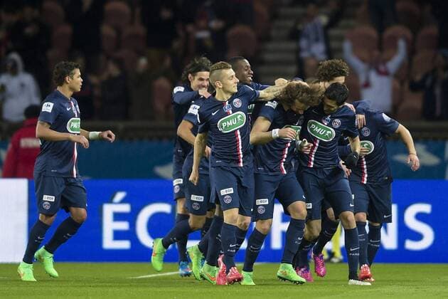 Aktuell Fußball, Frankreich, Coupe de France, Paris St Germain - AS Monaco Joie des joueurs du PSG apres le but de David LUIZ PSG FOOTBALL PSG vs AS Monaco - Quart de Finale - Coupe de Fance - 04 03 2015 JBAutissier Panoramic 