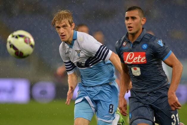 Dusan Basta Lazio, Faouzi Ghoulam Napoli. Football Calcio 2014 2015 Coppa Italia. Lazio Rom vs SSC Neapel Foto AntoniettaxBaldassarre Insidefoto AntoniettaxBaldassarre