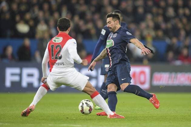 Ezequiel LAVEZZI (PSG) vs Thiago De Carvalho Mateus (Monaco) FOOTBALL : PSG vs AS Monaco - Quart de Finale - Coupe de Fance - 04 03 2015 JBAutissier Panoramic 