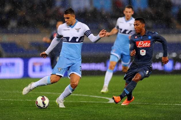 04.03.2015. Rome, Italy. Coppa Italia Semi Final. Lazio Rom vs SSC Neapel . Mauricio (Laz) is challenged by Jonathan De Guzman (Nap) xGiuseppexMaffiax  ActionPlus11602322