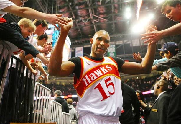 March 6, 2015 - Atlanta, GA, USA - The Atlanta Hawks Al Horford high-fives fans leaving the court after a 106-97 victory against the Cleveland Cavaliers at Philips Arena in Atlanta on Friday, March 6, 2015. Cleveland at Atlanta - ZUMAm67_
