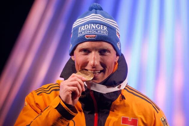 BIATHLON - IBU WC Kontiolahti 2015 KONTIOLAHTI,FINLAND,08.MAR.15 - BIATHLON - IBU World Championships, 12,5km pursuit, men, Medal Plaza, award ceremony. Image shows Erik Lesser (GER).