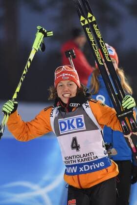 KONTIOLAHTI, FINLAND. MARCH 8, 2015. Biathlete Laura Dahlmeier of Germany reacts as she wins silver in the 2015 IBU Biathlon World Championships women s 10km pursuit in Kontiolahti, Finland. Yevgeny Tumashov TASS  RE15DD7D