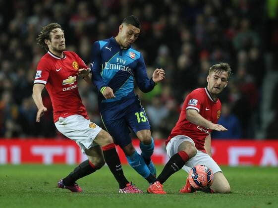 Daley Blind of Manchester United ManU and Luke Shaw of Manchester United close down Alex Oxlade-Chamberlain of Arsenal - FA Cup Sixth Round - Manchester Utd vs Arsenal - Old Trafford Stadium - Manchester - England - 9th March 2015 - Picture Simon Bellis Sportimage EDITORIAL USE ONLY. No use with unauthorised audio, video, data, fixture lists, club league logos or live services. Online in-match use limited to 120 images, no video emulation. No use in betting, games or single club league player publications.