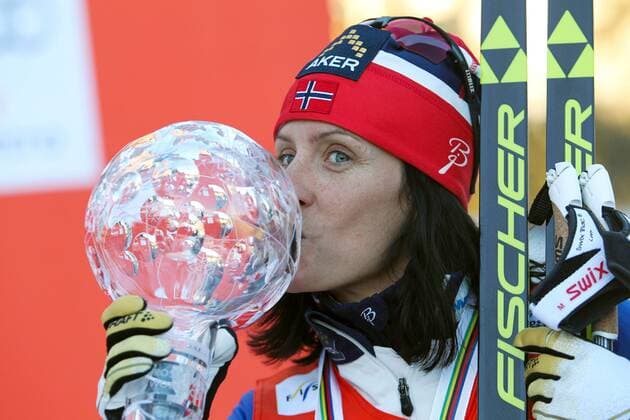NORDIC SKIING - FIS WC Drammen DRAMMEN,NORWAY,11.MAR.15 - NORDIC SKIING, CROSS COUNTRY SKIING - FIS World Cup, sprint, ladies, award ceremony. Image shows Marit Bjoergen (NOR). Keywords: crystal globe, trophy.