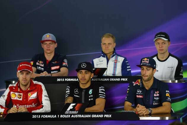 Atmosphere before Australia F1 GP at Albert Park circuit in Melbourne. In this picture, Sebastian Vettel, Lewis Hamilton, Daniel Ricciardo, Max Verstappen, Kevin Magnussen and Valtteri Bottas at press conference PK Pressekonferenz x  wo