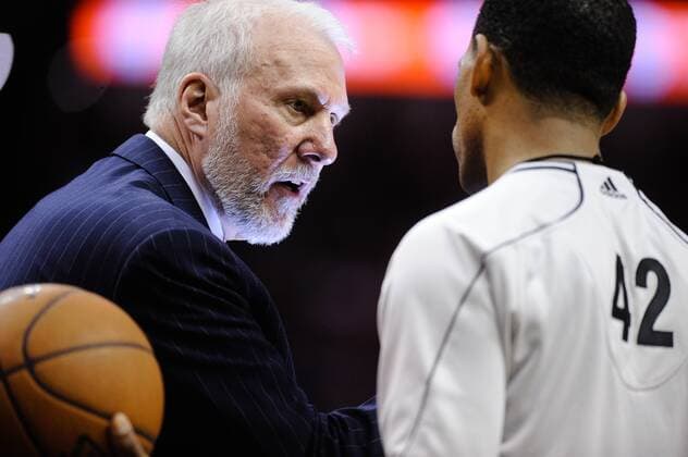March 12, 2015 - San Antonio Spurs coach Gregg Popovich questions a call with ref Eric Lewis during a game against the Cleveland Cavaliers in the first half of an NBA Basketball Herren USA basketball game Thursday, March 12, 2015 in San Antonio, Texas. The Cavaliers beat the Spurs, 128-125 in overtime. NBA Cavaliers Beat Spurs 128-125 - ZUMAbm2_