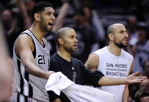 March 12, 2015 - San Antonio Spurs players Tim Duncan, Tony Parker and Manu Ginobili argue a call from the bench as the Spurs play against the Cleveland Cavaliers in the first half of an NBA Basketball Herren USA basketball game Thursday, March 12, 2015 in San Antonio, Texas. The Cavaliers beat the Spurs, 128-125 in overtime. NBA Cavaliers Beat Spurs 128-125 - ZUMAbm2_