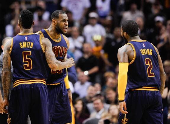 March 12, 2015 - San Antonio, Texas, U.S. - Cleveland Cavaliers players LEBRON JAMES AND Kyrie Irving celebrate during halftime of an NBA Basketball Herren USA basketball game against the San Antonio Spurs. The Cavaliers beat the Spurs, 128-125 in overtime. NBA 2015 - Cavaliers Beat Spurs 128-125 - ZUMAbm2_
