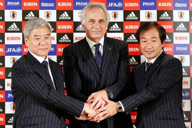 (L-R) Kuniya Daini, Vahid Halilhodzic, Masahiro Shimoda (JPN), MARCH 13, 2015 - Football Soccer : Japan s new signing head coach Vahid Halilhodzic during his presentation in Tokyo, Japan. Noxthirdxpartyxsales  ( ipha009598)