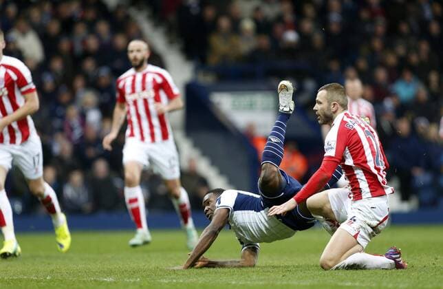 Brown Ideye of West Brom scoring the first goal of the game - Football - Barclays Premier League - West Bromwich Albion vs Stoke City - The Hawthorns West Bromwich - Season 2014 15 - 14th March 2015 - Photo Malcolm Couzens Sportimage EDITORIAL USE ONLY. No use with unauthorised audio, video, data, fixture lists, club league logos or live services. Online in-match use limited to 120 images, no video emulation. No use in betting, games or single club league player publications.
