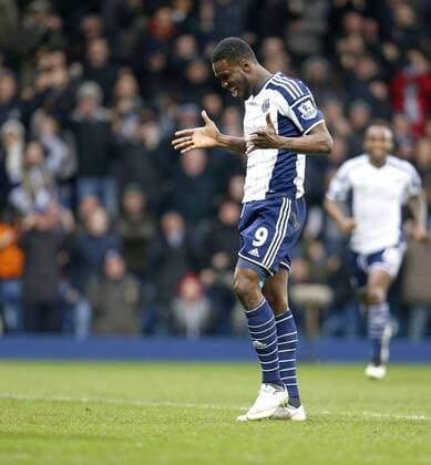 Brown Ideye of West Brom celebrates scoring the first goal of the game - Football - Barclays Premier League - West Bromwich Albion vs Stoke City - The Hawthorns West Bromwich - Season 2014 15 - 14th March 2015 - Photo Malcolm Couzens Sportimage EDITORIAL USE ONLY. No use with unauthorised audio, video, data, fixture lists, club league logos or live services. Online in-match use limited to 120 images, no video emulation. No use in betting, games or single club league player publications.