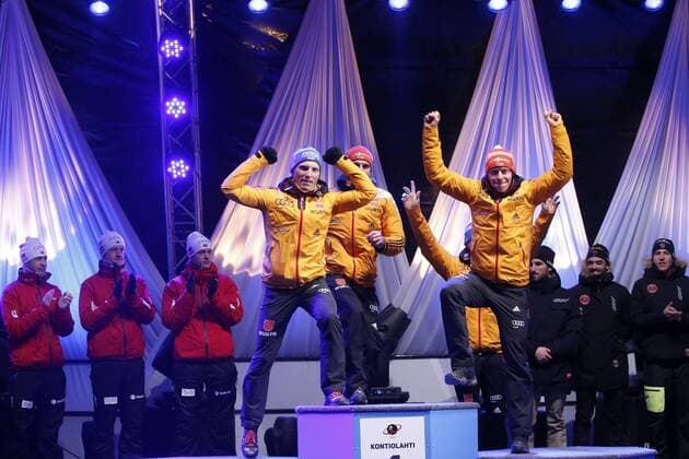 BIATHLON - IBU WC Kontiolahti 2015 KONTIOLAHTI,FINLAND,14.MAR.15 - BIATHLON - IBU World Championships, relay 4x7,5km, men, Medal Plaza, award ceremony. Image shows team NOR, team GER and team FRA.