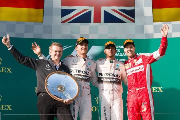 March 15, 2015: Lewis Hamilton (GBR) 44 (1st), Nico Rosberg (DEU) 6 (2nd) and Sebastian Vettel (DEU) 5 (3rd) celebrate on the podium at the 2015 Australian Formula One Grand Prix at Albert Park, Melbourne, Australia. Sydney Low Cal Media Formula One 2015: Australia MAR 15 - ZUMAc04_