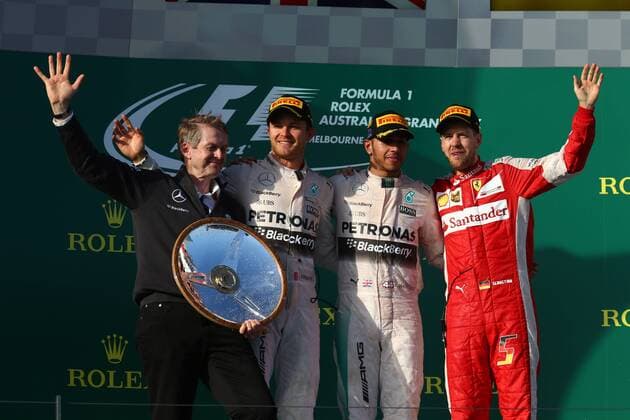 15.03.2015 - Race, 1st position Lewis Hamilton (GBR) Mercedes AMG F1 W06, 2nd position Nico Rosberg (GER) Mercedes AMG F1 W06 and Sebastian Vettel (GER) Scuderia Ferrari SF15-T Australian Grand Prix, Melbourne 12 - 15 March 2015 