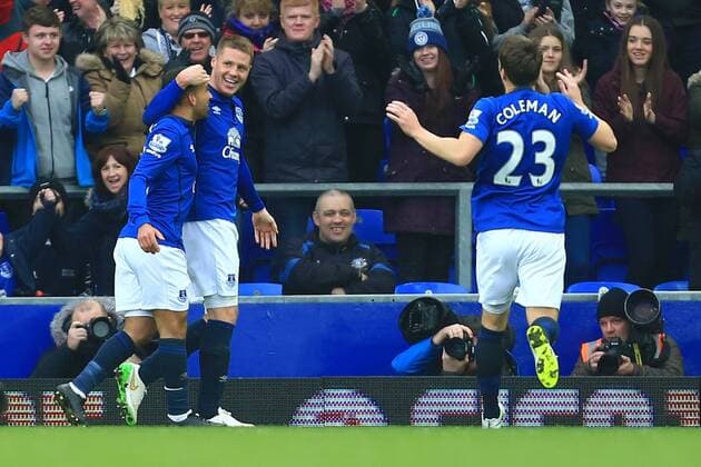 James McCarthy of Everton celebrates his opening goal - Everton vs. Newcastle United - Barclay s Premier League - Goodison Park - Liverpool - 15 03 2015 Pic Philip Oldham Sportimage EDITORIAL USE ONLY. No use with unauthorised audio, video, data, fixture lists, club league logos or live services. Online in-match use limited to 120 images, no video emulation. No use in betting, games or single club league player publications.