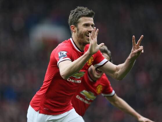 Michael Carrick of Manchester United ManU celebrates scoring the second goal 2-0 - Barclays Premier League - Manchester Utd vs Tottenham - Old Trafford Stadium - Manchester - England - 15th March 2015 - Picture Simon Bellis Sportimage EDITORIAL USE ONLY. No use with unauthorised audio, video, data, fixture lists, club league logos or live services. Online in-match use limited to 120 images, no video emulation. No use in betting, games or single club league player publications.