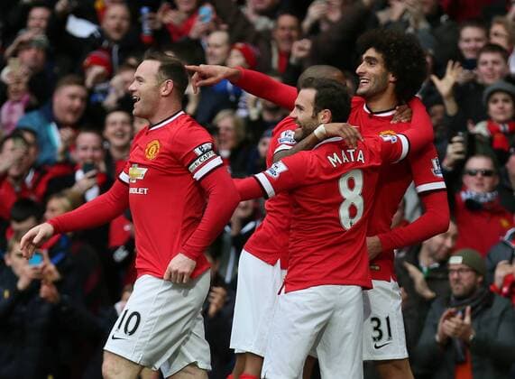 Mauroane Fellaini of Manchester United ManU celebrates scoring the first goal - Barclays Premier League - Manchester Utd vs Tottenham - Old Trafford Stadium - Manchester - England - 15th March 2015 - Picture Simon Bellis Sportimage EDITORIAL USE ONLY. No use with unauthorised audio, video, data, fixture lists, club league logos or live services. Online in-match use limited to 120 images, no video emulation. No use in betting, games or single club league player publications.
