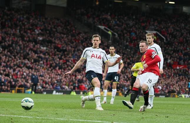 Wayne Rooney of Manchester United ManU scores the third goal - Barclays Premier League - Manchester Utd vs Tottenham - Old Trafford Stadium - Manchester - England - 15th March 2015 - Picture Simon Bellis Sportimage EDITORIAL USE ONLY. No use with unauthorised audio, video, data, fixture lists, club league logos or live services. Online in-match use limited to 120 images, no video emulation. No use in betting, games or single club league player publications.