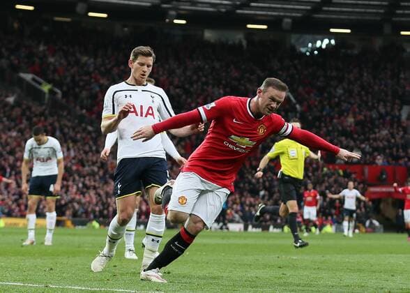 Wayne Rooney of Manchester United ManU turns to celebrate his goal - Barclays Premier League - Manchester Utd vs Tottenham - Old Trafford Stadium - Manchester - England - 15th March 2015 - Picture Simon Bellis Sportimage EDITORIAL USE ONLY. No use with unauthorised audio, video, data, fixture lists, club league logos or live services. Online in-match use limited to 120 images, no video emulation. No use in betting, games or single club league player publications.