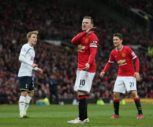 Wayne Rooney of Manchester United ManU reacts after missing a chance to score - Barclays Premier League - Manchester Utd vs Tottenham Hotspur - Old Trafford Stadium - Manchester - England - 15th March 2015 - Picture SimonBellis Sportimage EDITORIAL USE ONLY. No use with unauthorised audio, video, data, fixture lists, club league logos or live services. Online in-match use limited to 120 images, no video emulation. No use in betting, games or single club league player publications.