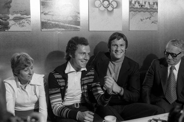 Spoga in Köln, v.li.: Annegret Richter, Franz Beckenbauer, Eckhard Dagge (alle BR Deutschland)