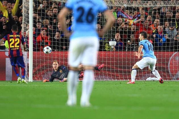 Marc-Andre ter Stegen of Barcelona saves a penalty kick from Sergio Kun Agüero of Manchester City - Barcelona vs. Manchester City - UEFA Champion s League - Round of 16, second leg - Nou Camp - Barcelona - 18 03 2015 Pic Philip Oldham Sportimage EDITORIAL USE ONLY. No use with unauthorised audio, video, data, fixture lists, club league logos or live services. Online in-match use limited to 120 images, no video emulation. No use in betting, games or single club league player publications.