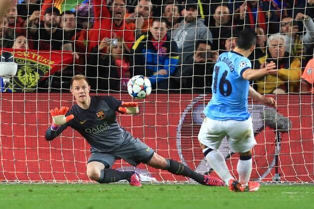 Marc-Andre ter Stegen of Barcelona saves a penalty kick from Sergio Kun Agüero of Manchester City - Barcelona vs. Manchester City - UEFA Champion s League - Round of 16, second leg - Nou Camp - Barcelona - 18 03 2015 Pic Philip Oldham Sportimage EDITORIAL USE ONLY. No use with unauthorised audio, video, data, fixture lists, club league logos or live services. Online in-match use limited to 120 images, no video emulation. No use in betting, games or single club league player publications.