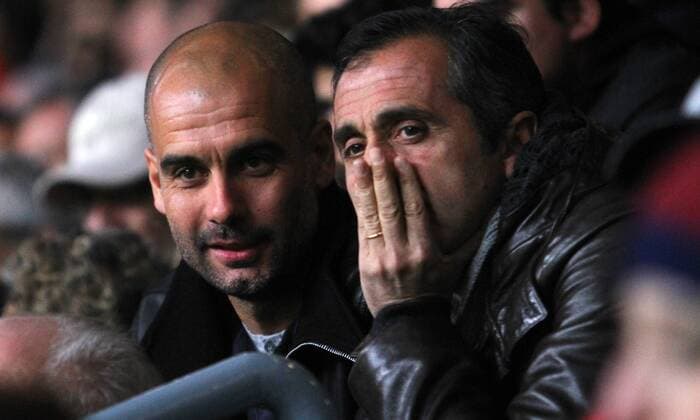 Second leg match of the 1 8 Champions League match played between FC Barcelona and Manchester City. In this picture, Pep Guardiola (coach FC Bayern München) and Manuel Estiarte. x 